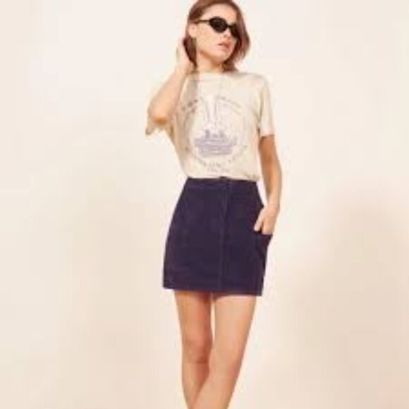 REFORMATION WALLY CORDUROY MINI BUTTON WOMEN SKIRT IN NAVY PURPLE SIZE 6